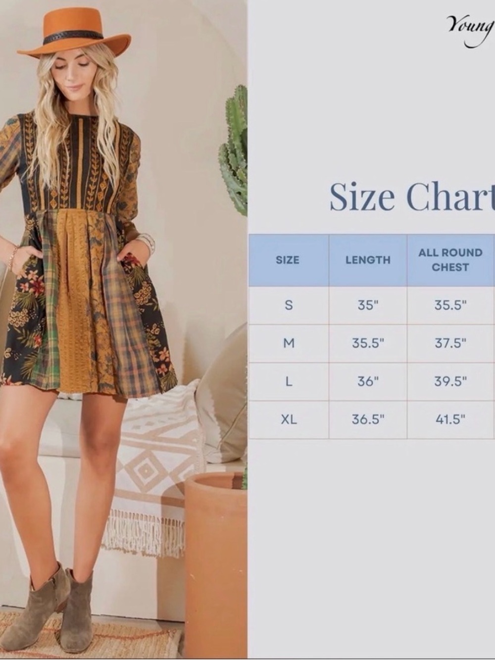 Boho Patchwork Casual Midi Dress in Mustard and Burgundy - Picture 5 of 14